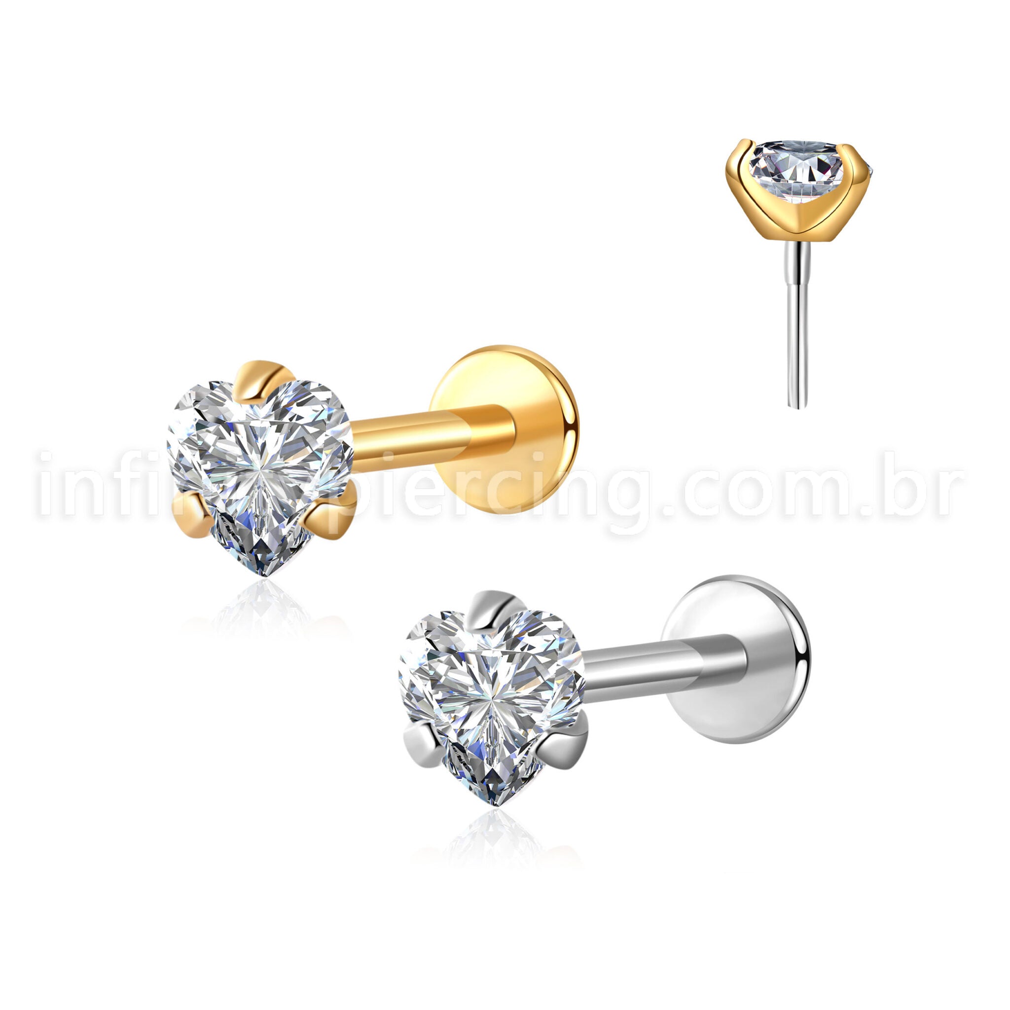 Piercing Labret Aço Cirúgico Push Pin Coração Zircônia